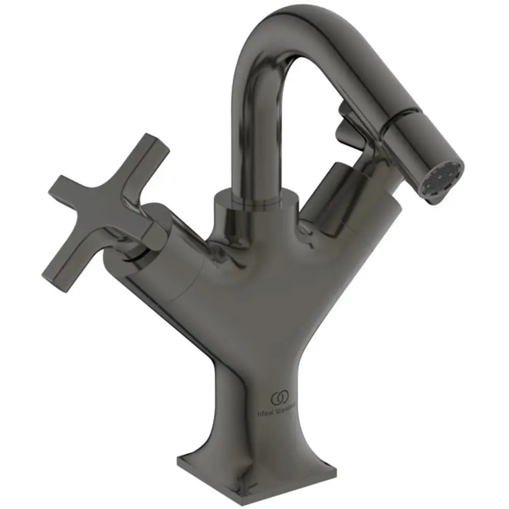 Bidetarmatur mit zwei Kreuzgriffen und einem auslaufenden Wasserhahn in Magnetic Grey, gefertigt von Ideal Standard.